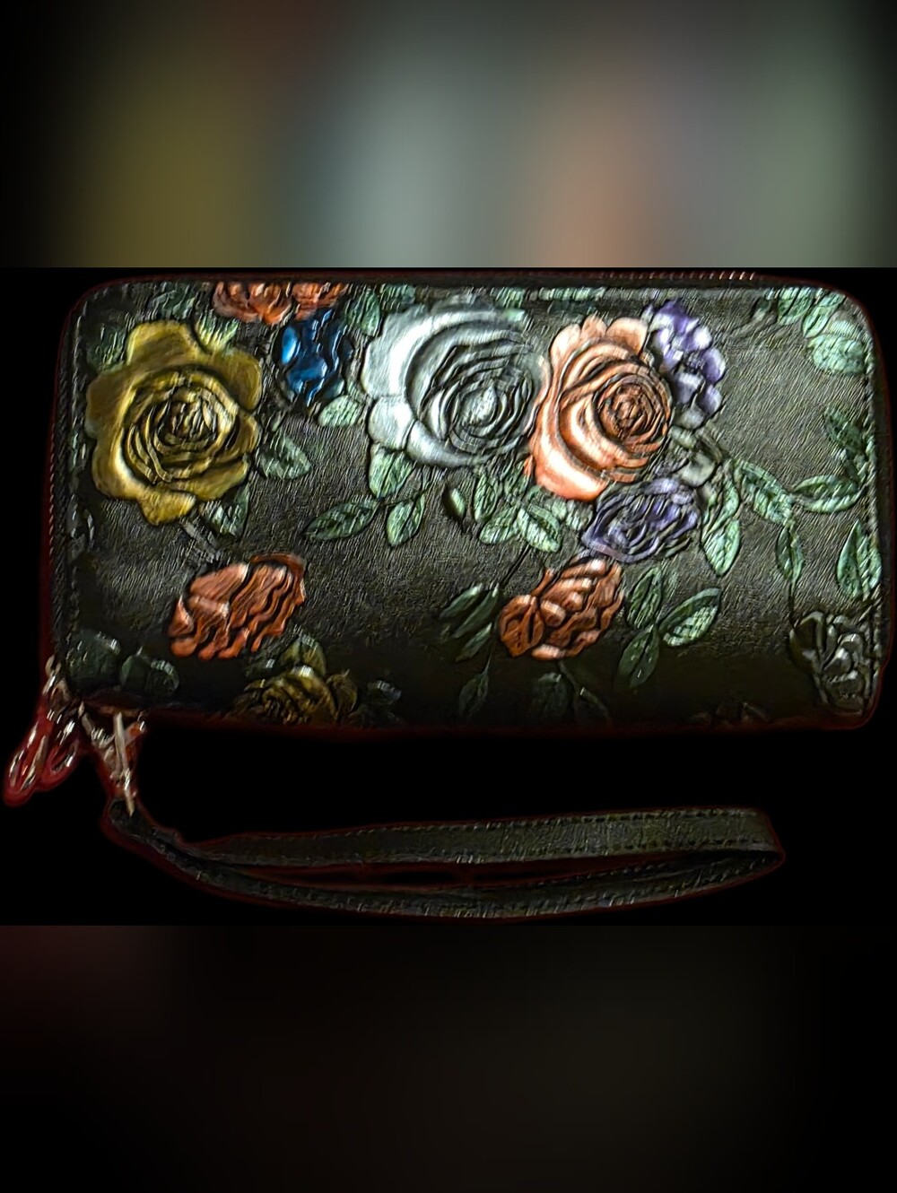 Floral Embossed Multicolor Double Zip Wallet Wristlet